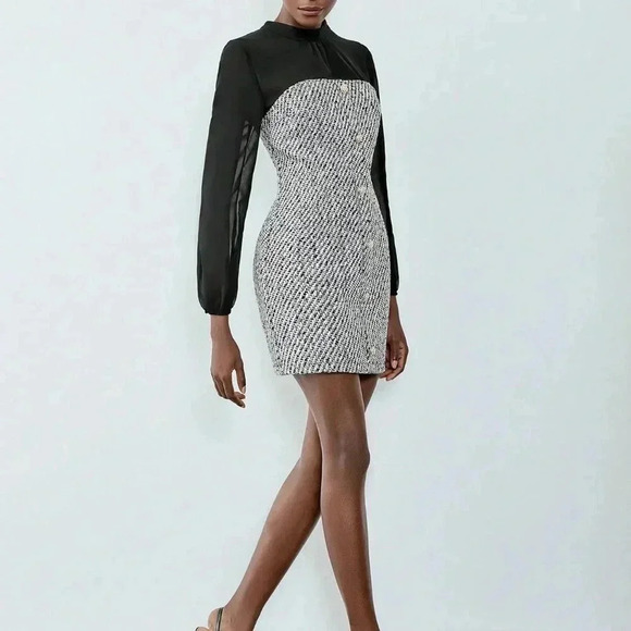 Black Elegant Women's Button Decor Chiffon Patchwork Lantern Sleeve Dress - Picture 5 of 6